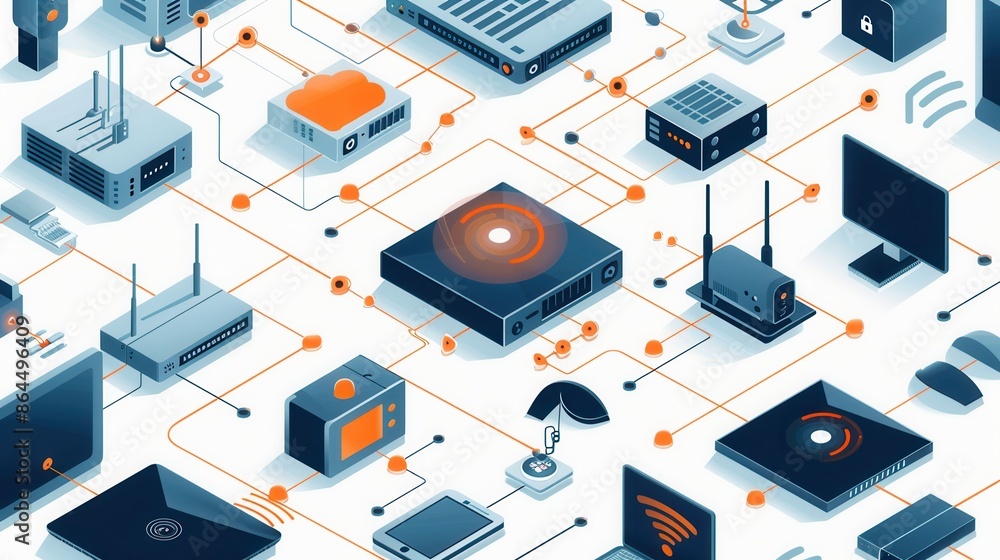 An illustration depicting various network devices, such as routers, modems, and smart home gadgets, all connected by abstract lines symbolizing the flow of data in a modern home. Generative AI An illustration depicting various network devices, such as routers, modems, and smart home gadgets, all connected by abstract lines symbolizing the flow of data in a modern home. Generative AI