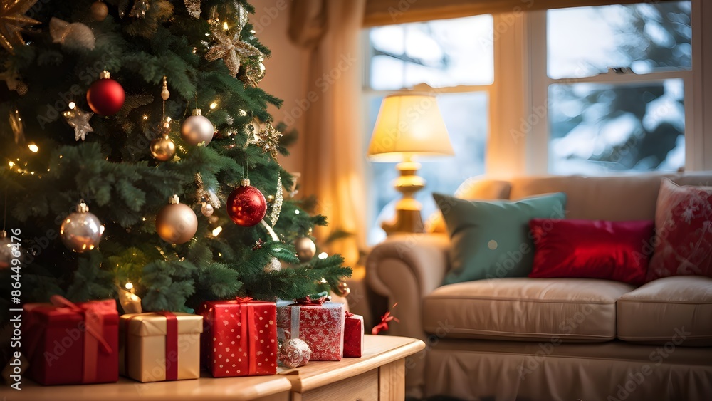 Cozy living room with Christmas tree and gifts against a window background. Generative AI Cozy living room with Christmas tree and gifts against a window background. Generative AI