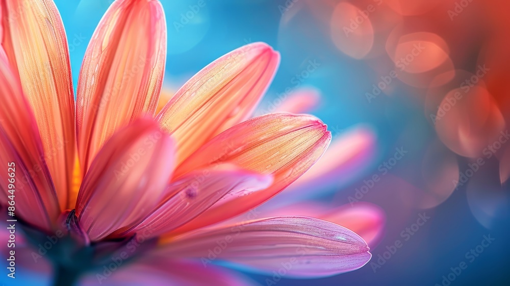 A tight shot of a pink bloom against a backdrop of blue and red Background features a softly blurred light source A tight shot of a pink bloom against a backdrop of blue and red Background features a softly blurred light source