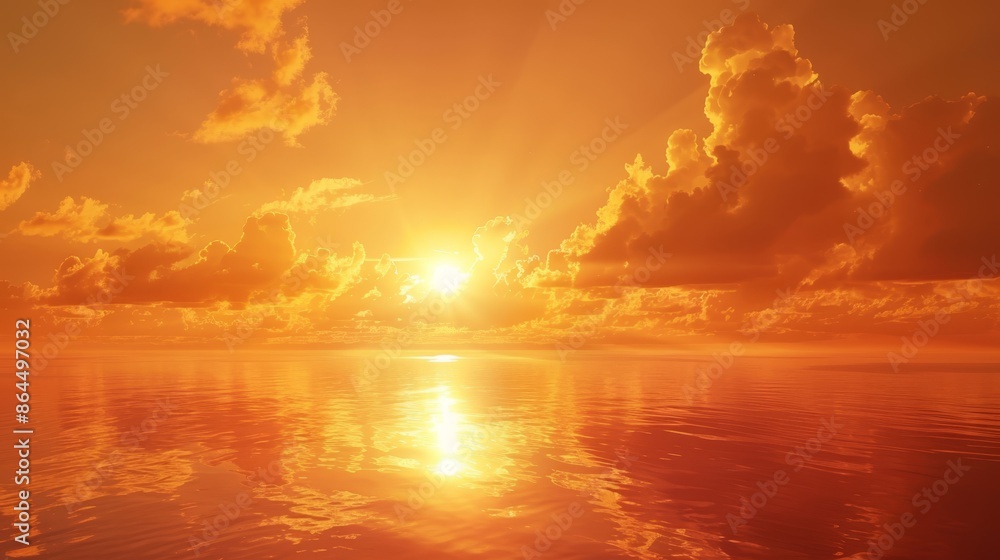 A sunny scene featuring a vast expanse of water, with sunlight filtering through clouds above, and the sun mirrored on its surface A sunny scene featuring a vast expanse of water, with sunlight filtering through clouds above, and the sun mirrored on its surface