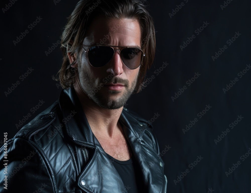 Mysterious man in leather jacket and sunglasses Mysterious man in leather jacket and sunglasses