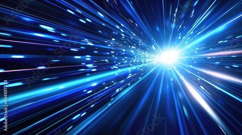 Vector Abstract, science, futuristic, energy technology concept. Digital image of light rays, stripes lines with blue light, speed and motion blur over dark blue background