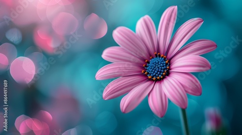  A pink flower with a blue center sits in front of a blue-and-pink backdrop of blurred lights