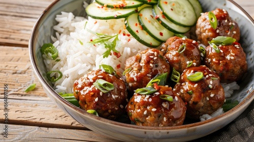 Meatballs served with white rice and marinated sliced cucumber on wooden background photo
