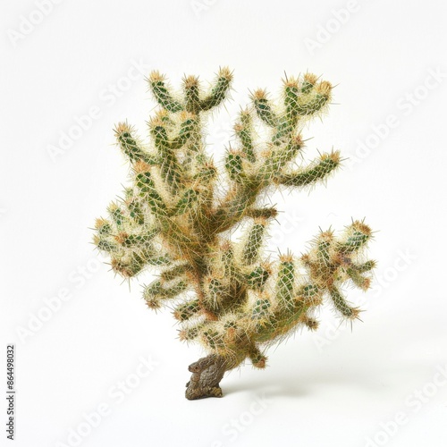 This is a studio photo of a single teddybear cholla cactus on a white background.