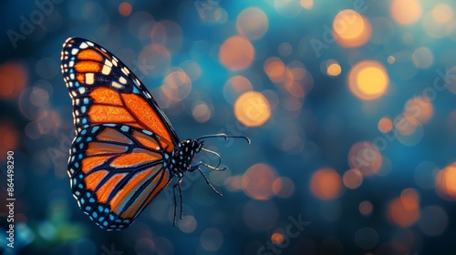  A tight shot of a butterfly in flight against a backdrop of softly blurred lights © Jevjenijs