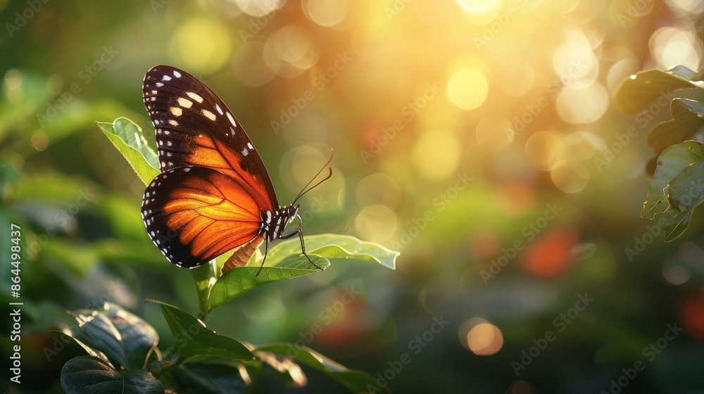 Butterfly on a leaf, sun illuminating through, background softly blurred Butterfly on a leaf, sun illuminating through, background softly blurred