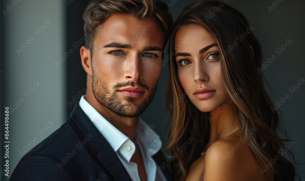 Muscular Businessman Embracing Tender Brunette Woman Muscular Businessman Embracing Tender Brunette Woman