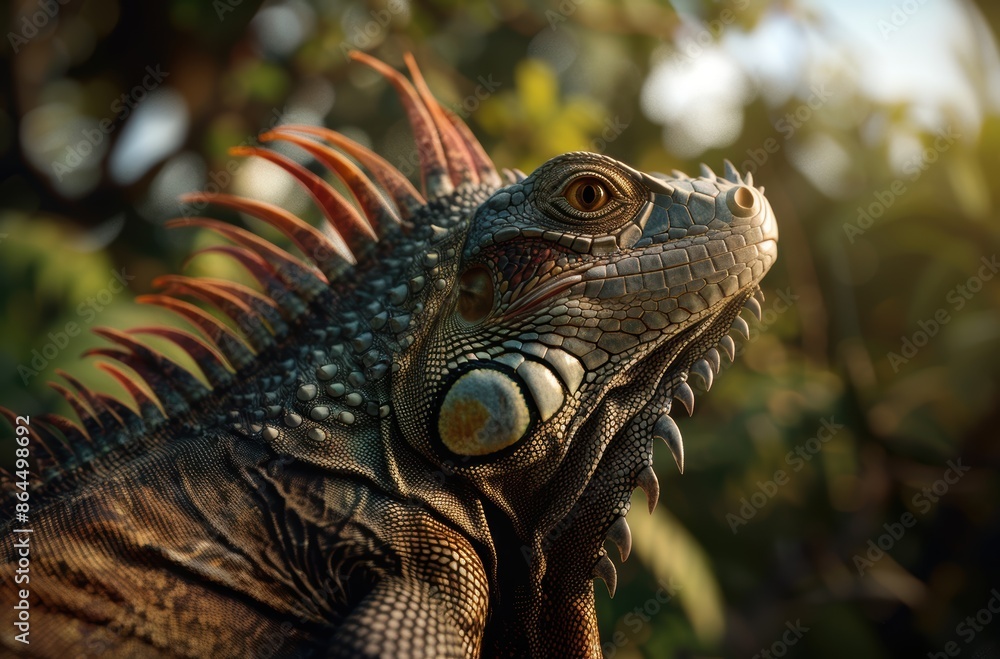 Vibrant iguana with colorful scales and piercing eyes Vibrant iguana with colorful scales and piercing eyes