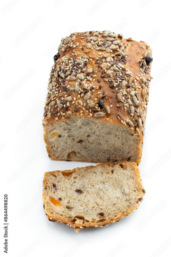 Sliced wholemeal rye bread with pearl barley isolated on white