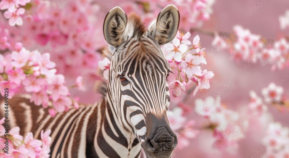 Fototapeta premium zebra among pink cherry blossoms