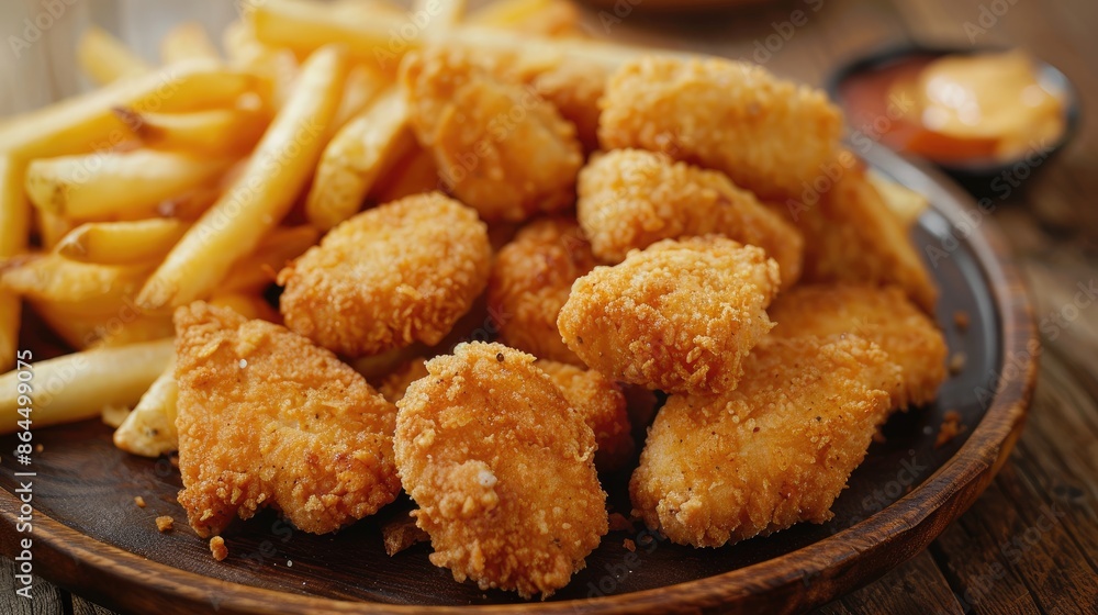 Seared breaded chicken nuggets with French fries on wooden table Seared breaded chicken nuggets with French fries on wooden table