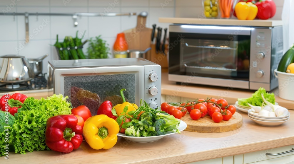 A modern kitchen countertop with a microwave oven, toaster oven, and fresh produce, including red and yellow bell peppers, cherry tomatoes, garlic, and leafy greens. A modern kitchen countertop with a microwave oven, toaster oven, and fresh produce, including red and yellow bell peppers, cherry tomatoes, garlic, and leafy greens.