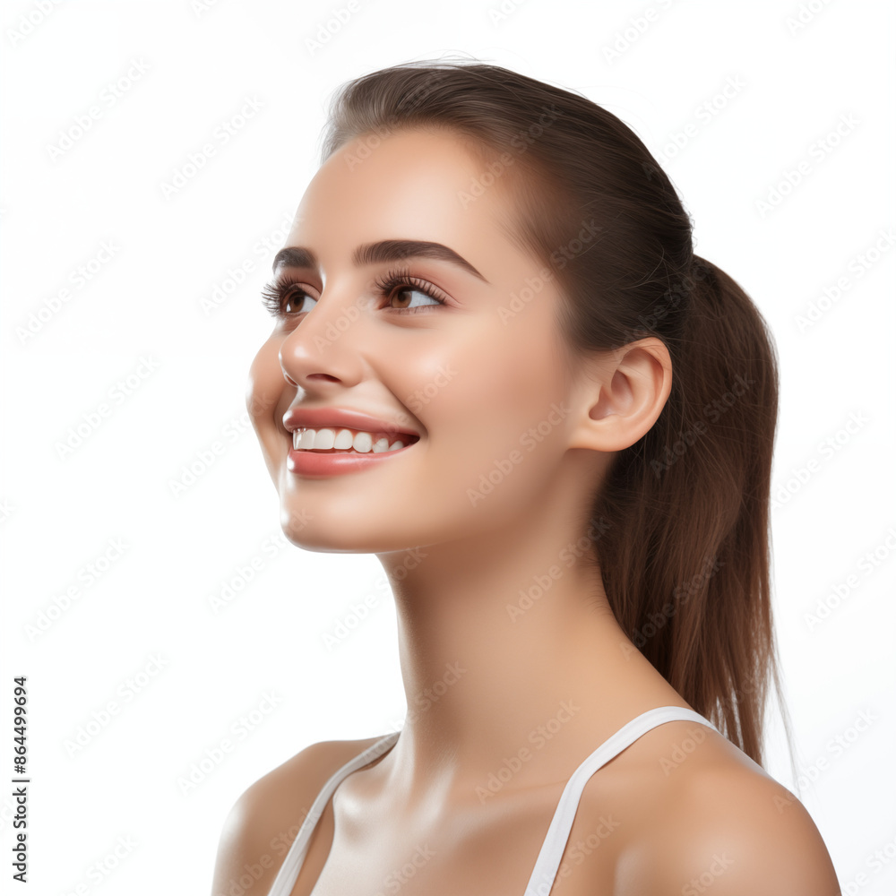 Portrait of a happy smiling brunette woman looking beautiful standing isolated on white background. Young female girl Portrait of a happy smiling brunette woman looking beautiful standing isolated on white background. Young female girl