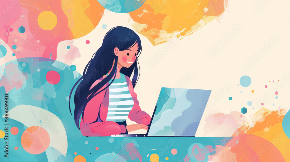 A young woman is using her laptop. She is standing and smiling.
This is a cartoon-like illustration representing a computer technology concept. A young woman is using her laptop. She is standing and smiling.
This is a cartoon-like illustration representing a computer technology concept.