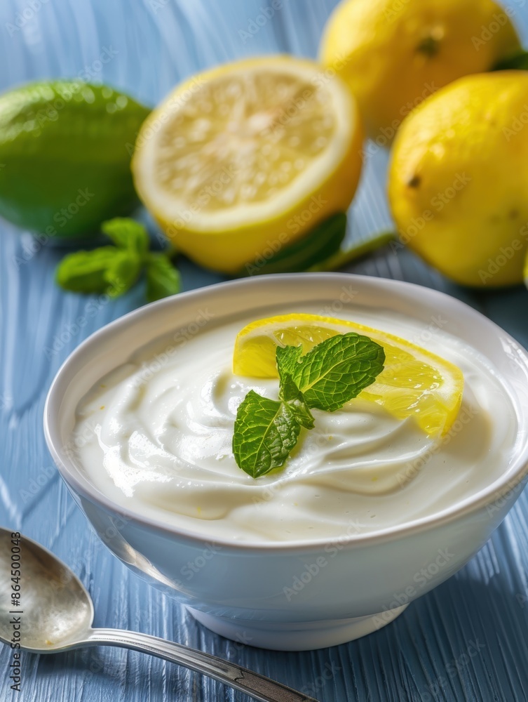 creamy lemon dessert with mint garnish creamy lemon dessert with mint garnish