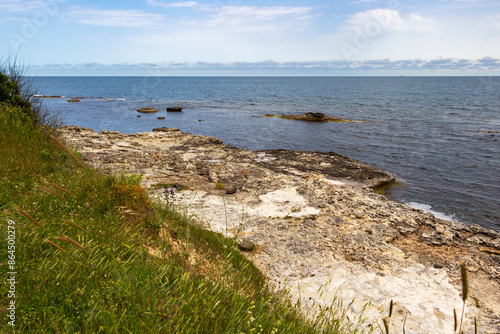 The rocks of Limnos Cape in front of the waters of the Bulgarian Black Sea under the city garden at Tsarevo, Tsarevo Municipality, Province of Burgas photo