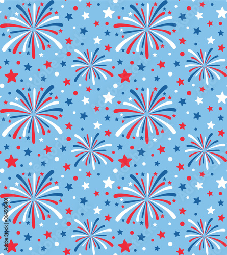 Vector seamless pattern with c Patriotic fireworks in the sky. Colorful background for Independence Day USA