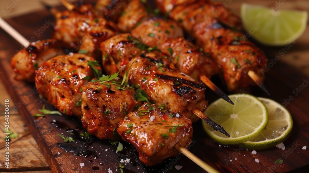Poultry meat skewers - grilled meat with lime slices on wooden background Poultry meat skewers - grilled meat with lime slices on wooden background