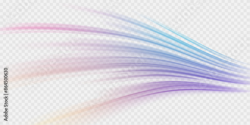 Light beam illustration, neon light strip, high speed motion background, on transparent background in PNG format. Glow luminous glitter shimmer trail. 