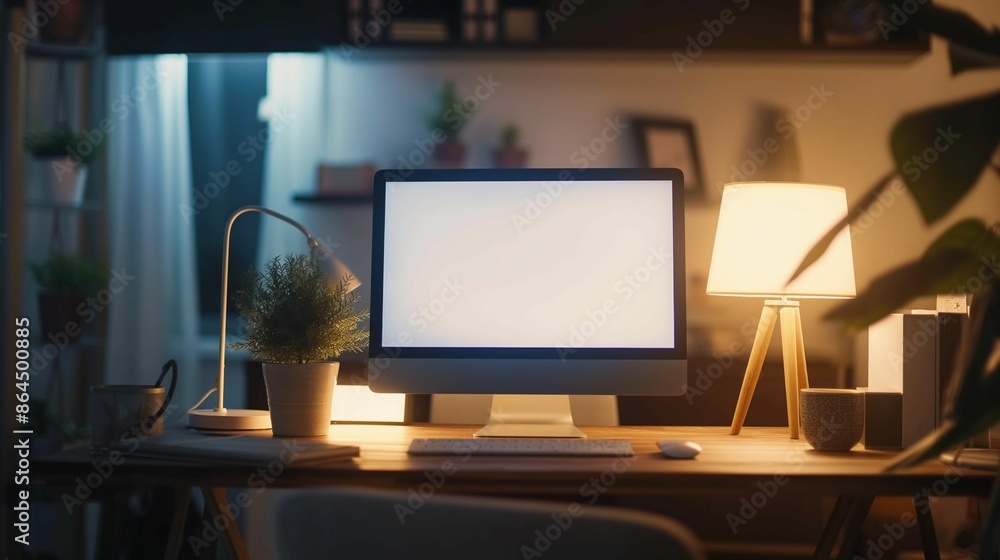 Modern home office setup with computer screen, desk lamp, and indoor plants at night. Modern home office setup with computer screen, desk lamp, and indoor plants at night.
