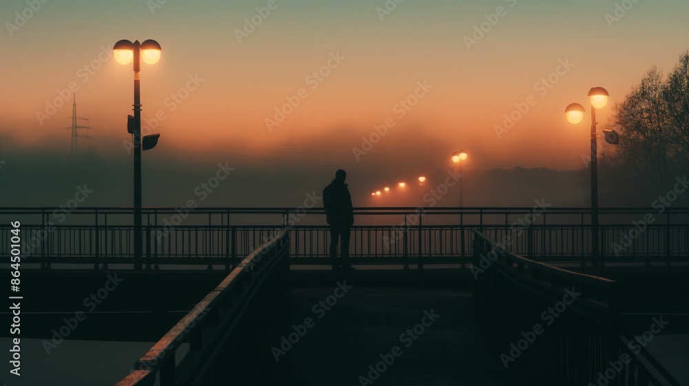Person standing on a foggy bridge with street lamps at dawn. Person standing on a foggy bridge with street lamps at dawn.