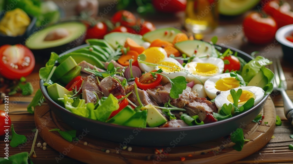 Tasty salad - roasted veal loin, avocado, boiled eggs and fresh vegetables on wooden table Tasty salad - roasted veal loin, avocado, boiled eggs and fresh vegetables on wooden table