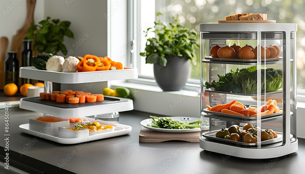 Modern refrigerator with fresh vegetables on countertop in kitchen, closeup Modern refrigerator with fresh vegetables on countertop in kitchen, closeup