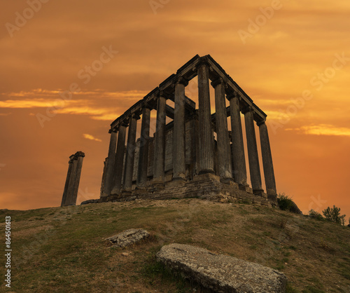 The ancient city Aizanoi and Temple of Zeus at sunset. It is on the Unesco temporary cultural heritage list. Cavdarhisar village,  Rural Kutahya. Turkey photo