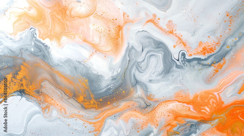Fototapeta premium Abstract orange and grey acrylic fluid art background. Digital art wallpaper. Trendy orange and grey abstract paint swirls and splashes. Modern art painting.