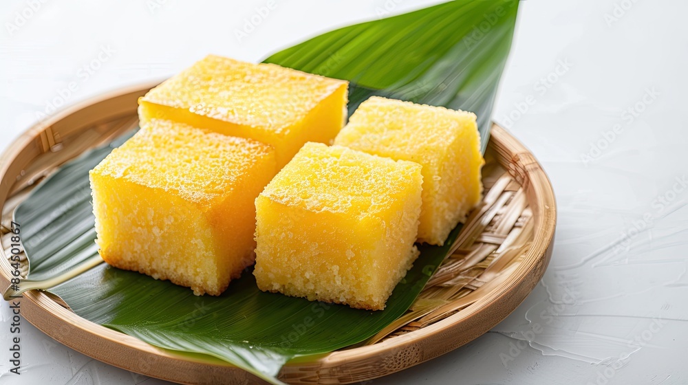 Four pieces of yellow coconut cake on a bamboo plate with a banana leaf Four pieces of yellow coconut cake on a bamboo plate with a banana leaf