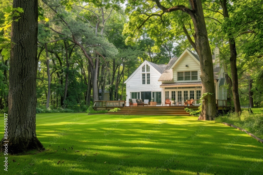 A white house with an elegant wooden deck and green lawn, nestled in the woods with sunlight filtering through tall trees, creating dappled light on its front porch Generative AI A white house with an elegant wooden deck and green lawn, nestled in the woods with sunlight filtering through tall trees, creating dappled light on its front porch Generative AI