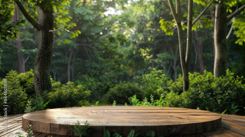 Wood podium in outdoors garden forest Wood podium in outdoors garden forest