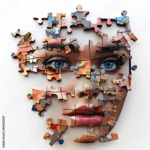 3D female face from puzzles close-up on a white background. Concept, creative, illustration for advertising facial skin care products. photo