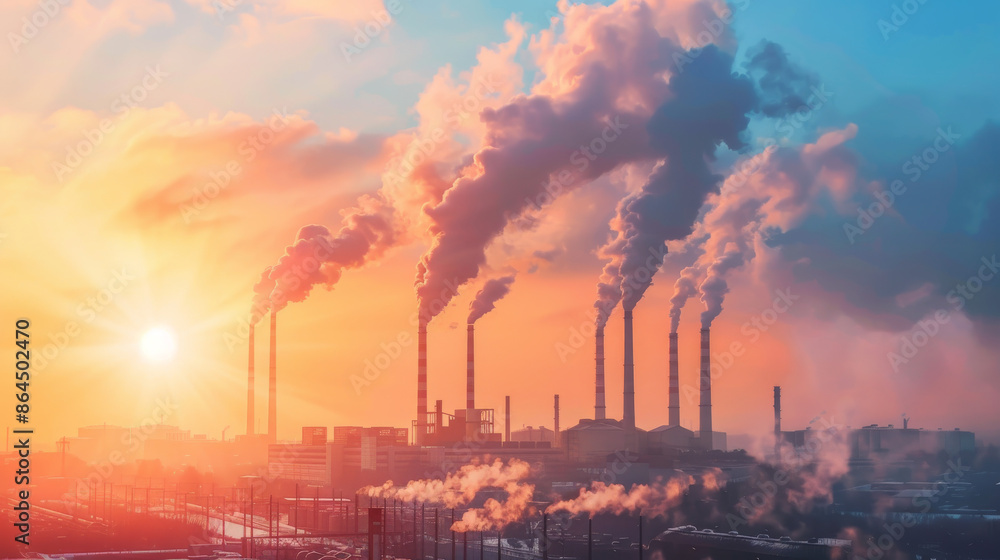 Smoky factory chimneys against the backdrop of sun and sky. Rising CO2 emissions released from industrial pipes pollute the environment. Smoky factory chimneys against the backdrop of sun and sky. Rising CO2 emissions released from industrial pipes pollute the environment.