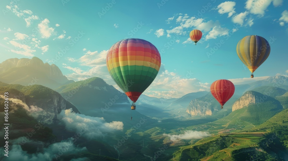 Fototapeta premium Vivid multicolored hot air balloons floating majestically above stunning mountainous backdrop