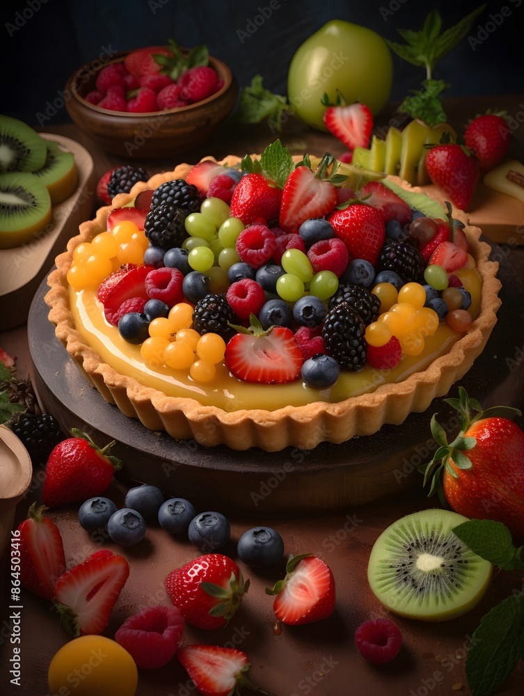 Vibrant Mixed Fruit Tart with Kiwi, Berries, and Peach Glaze. Vibrant Mixed Fruit Tart with Kiwi, Berries, and Peach Glaze.