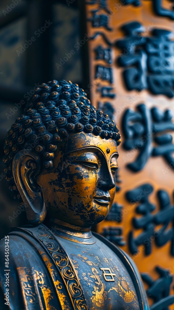 A statue of buddha in front of a wall. A statue of buddha in front of a wall.