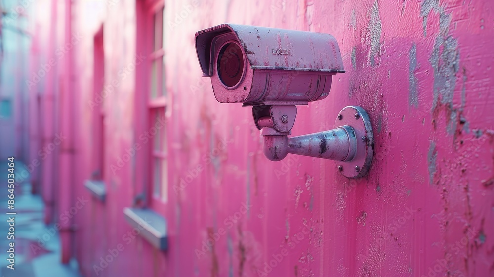 Surveillance camera mounted on a pink wall in an alley Surveillance camera mounted on a pink wall in an alley