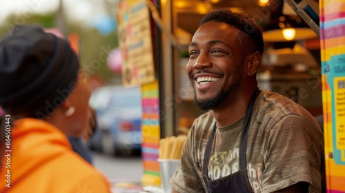 The food truck seller smiles and accepts the order from the customer, and a colorful menu flaunts behind him. photo