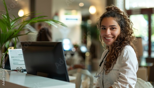 Smiling Female Doctor Working At A Reception Desk In A Modern Office