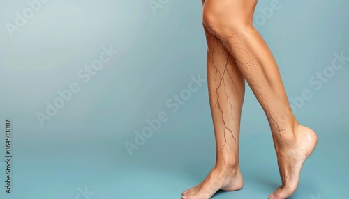 Close-Up of a Persons Legs With Visible Veins Against a Blue Background