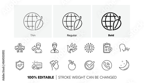 Privacy Policy, Social Responsibility. Check mark, Sharing economy and Mindfulness stress line icons. Linear icon set. Line icons set. Vector