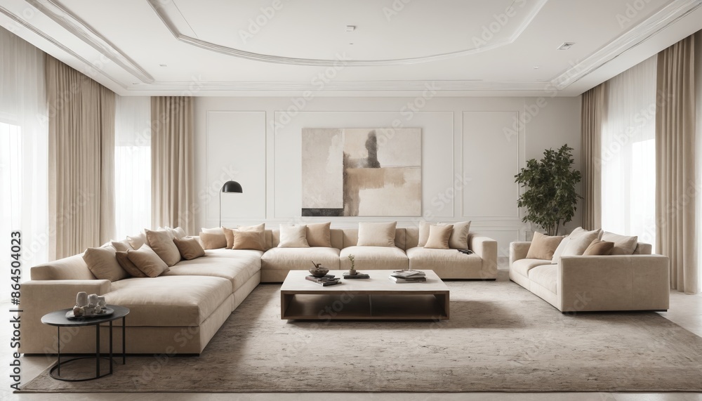 Fototapeta premium A contemporary living room with a sectional sofa and neutral colors