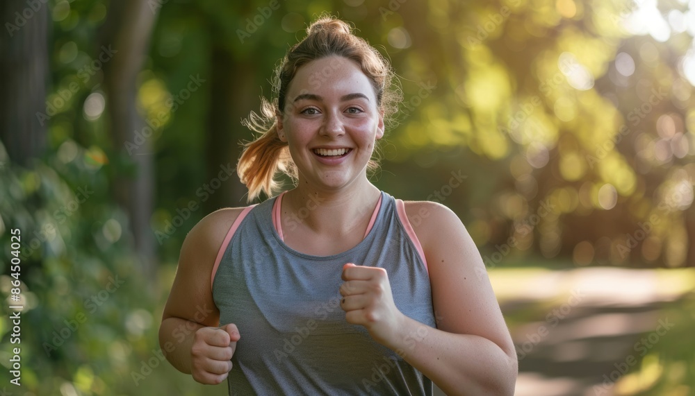Smiling Woman Running Through Park on Sunny Day Smiling Woman Running Through Park on Sunny Day
