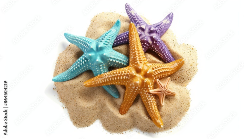 Colorful Starfish On A Pile Of Beach Sand Colorful Starfish On A Pile Of Beach Sand