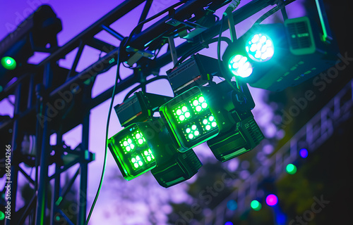 Closeup of light sound equipment outdoor stage lighting three green LED spotlight hanging metal pole light glow different color against black background small control panel attached one side of each photo