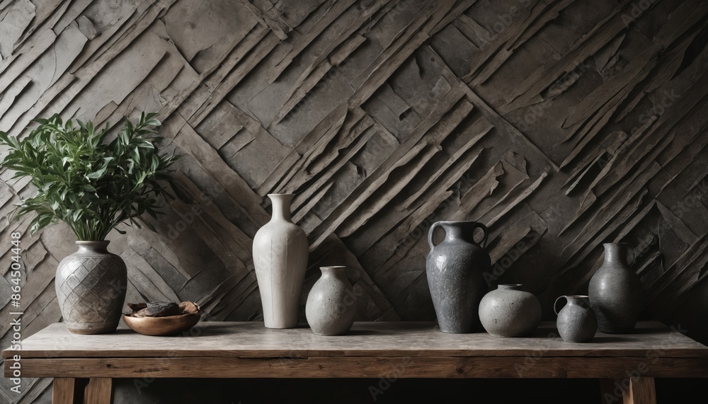 A still life with earthenware vases against a rustic wall A still life with earthenware vases against a rustic wall