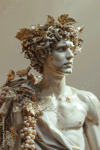 A marble statue of Dionysus adorned with golden leaves and intricate details, showcasing the human form’s strength and grace, exuding a sense of ancient nobility and reverence. photo