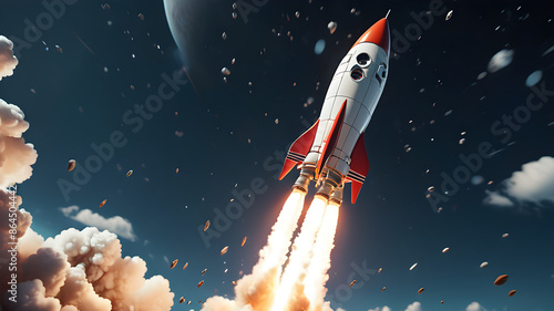 a cartoon rocket ship blasting off into space. photo